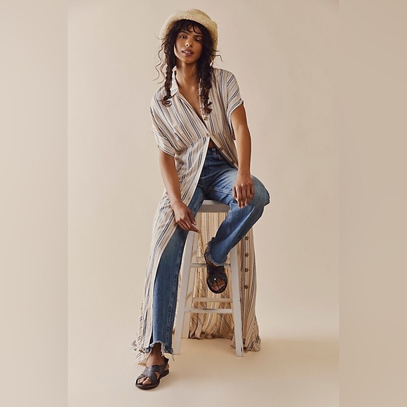 Anthropologie Blue Striped Button-Front Maxi Dress - Picture 2 of 5